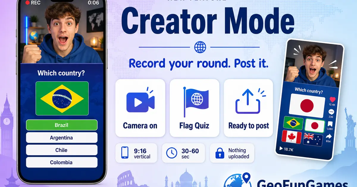 New: Creator Mode - Record Your Round as a Video A player recording a flag quiz round in Creator Mode on GeoFunGames, with the flag and answers on screen