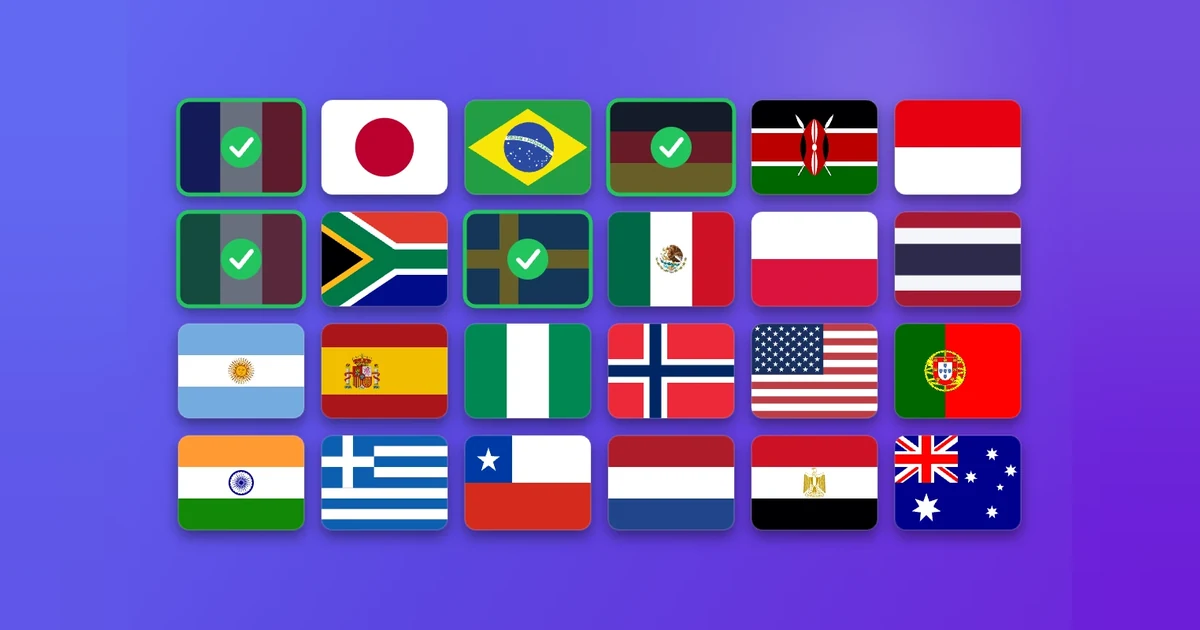 En væg med verdens flag, hvor de europæiske er markeret, i Flag Spotter på GeoFunGames
