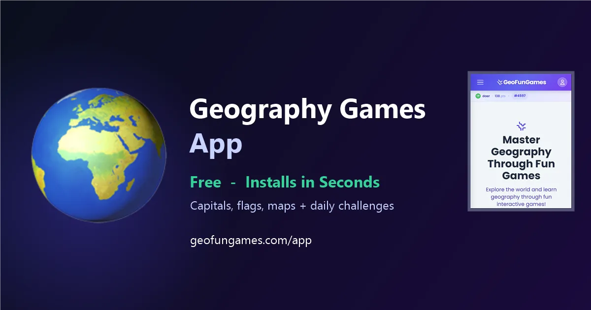 New: Install GeoFunGames as an App The free GeoFunGames geography games app installing on a phone