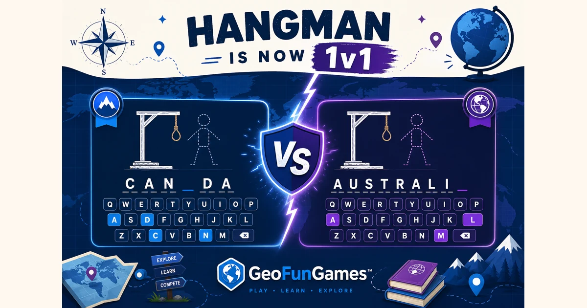 To spillere som kappes om å gjette det samme skjulte landet i Hengemann 1v1 på GeoFunGames