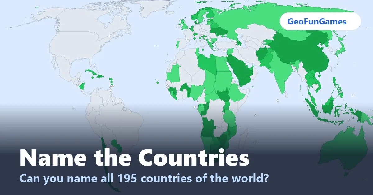 Nuevo juego: Quiz de países Un mapamundi que se rellena de países verdes en el Quiz de países de GeoFunGames