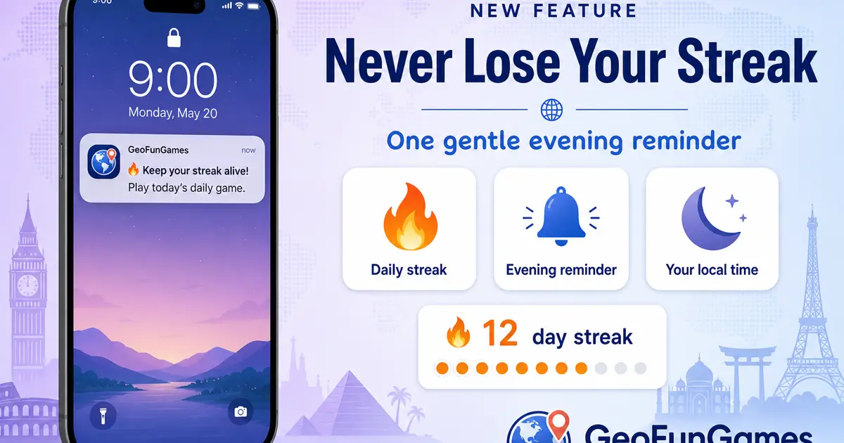 Ein Handy zeigt eine GeoFunGames-Erinnerung, deine tägliche Streak am Leben zu halten